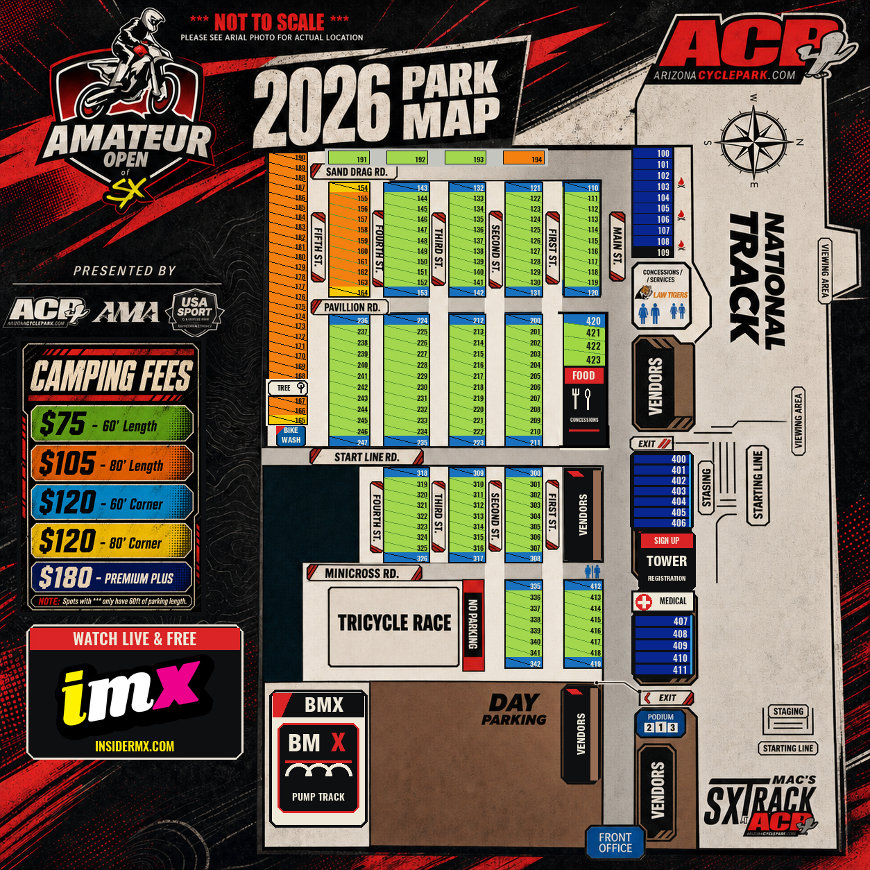 2026 Amateur Open of Supercross RV parking and Arizona Cycle Park facility map