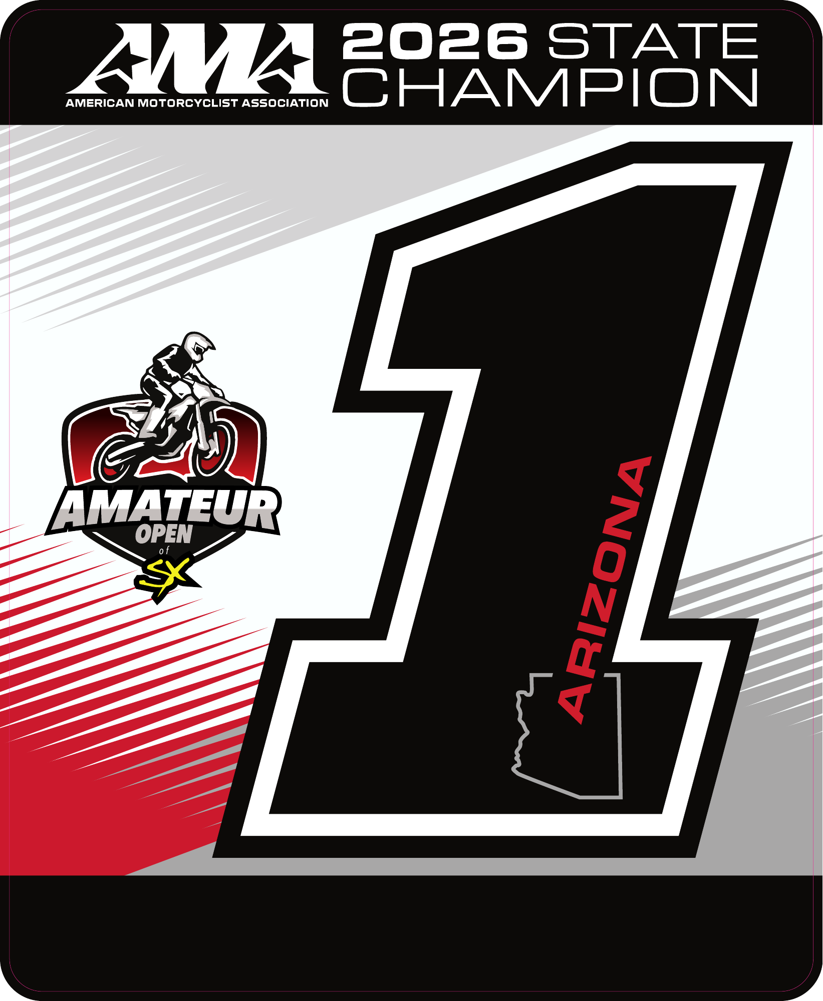 Official 2026 AMA Arizona State Champion number one plate for the Amateur Open of SX