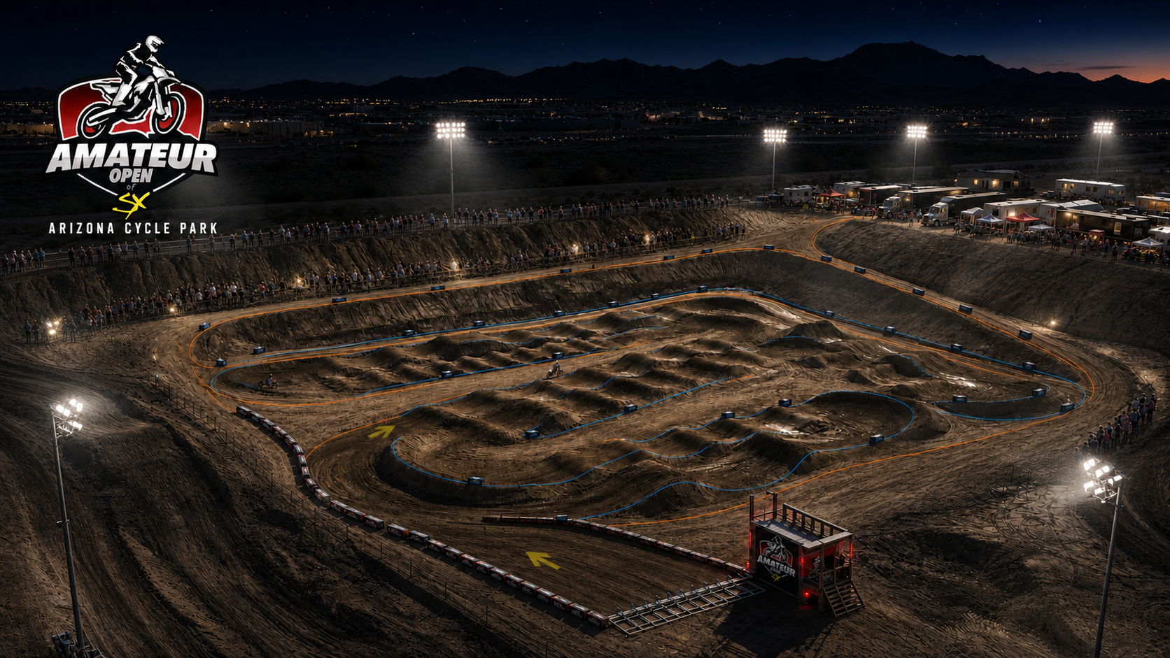 Concept rendering of the 2026 Amateur Open of Supercross track at Arizona Cycle Park in the evening under stadium lights