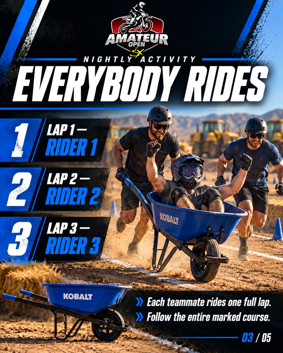 Slide 3: Three-lap race format. Full event rules are provided above.